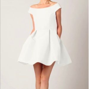 Alexia María White Silk Faille off the shoulder dress - timeless elegance